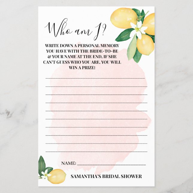 Who am I? Lemon Pink Bridal Shower Game Card Flyer (Front)