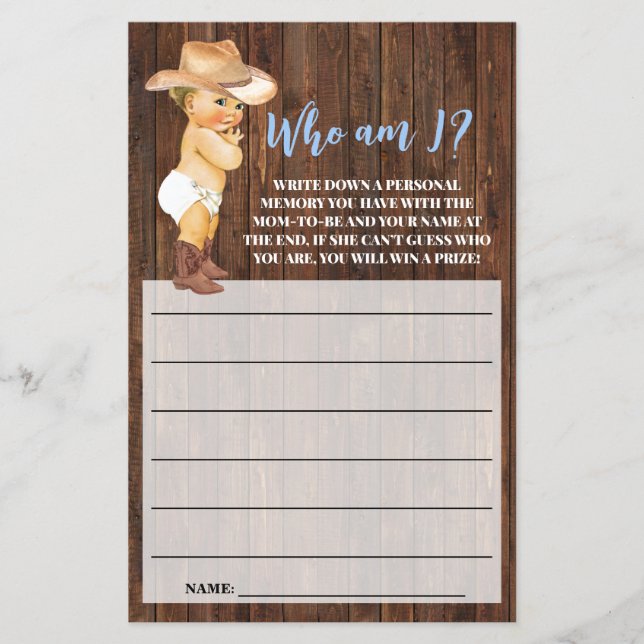 Who am I Little Cowboy Pink Baby Shower Game Card Flyer (Front)