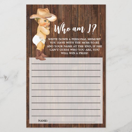 Who am I Little Cowboy Pink Baby Shower Game Card Flyer