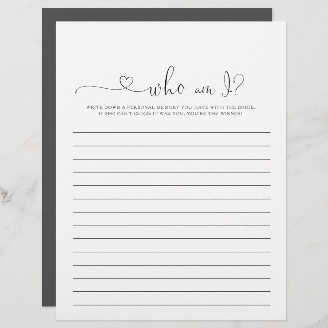 Who Am I Love Fancy Script Bridal Shower Game (Front/Back)