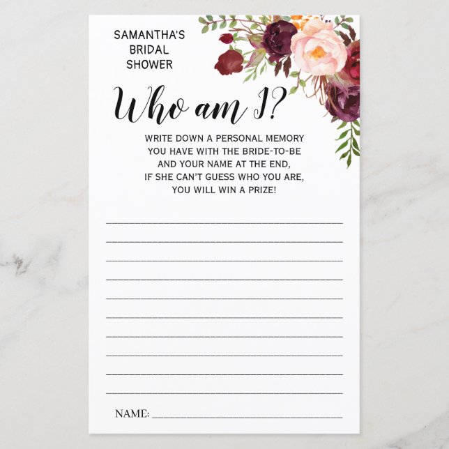 Who am I? Marsala Flowers Bridal Shower Game (Front)