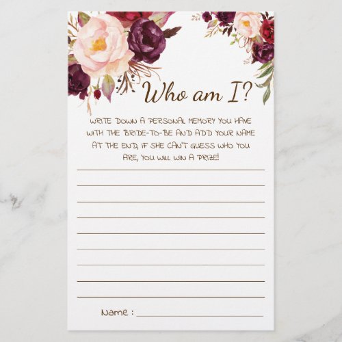 Who am I Marsala Flowers Bridal Shower Game Card Flyer