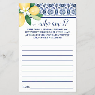 Who am I? Mediterranean Lemons Shower Game Card Flyer