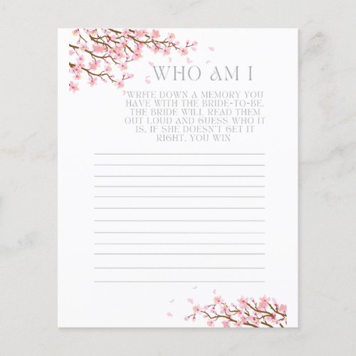 Who Am I Memory Guessing Bridal Shower Game Card