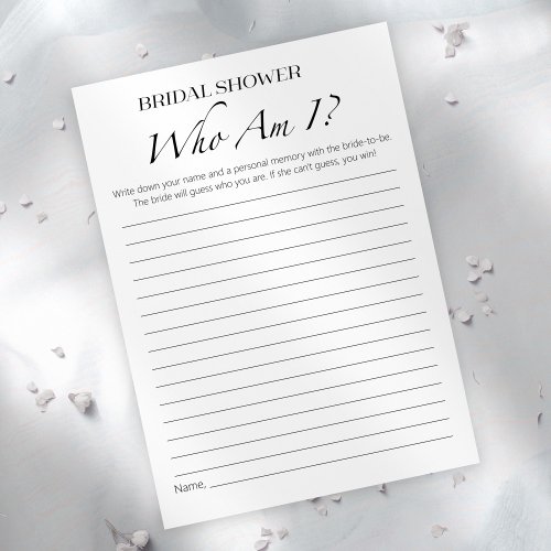 Who Am I  Minimalis Bridal Shower Game Card