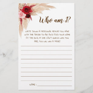 Who am I? Pampas Bridal Shower Game Card Flyer