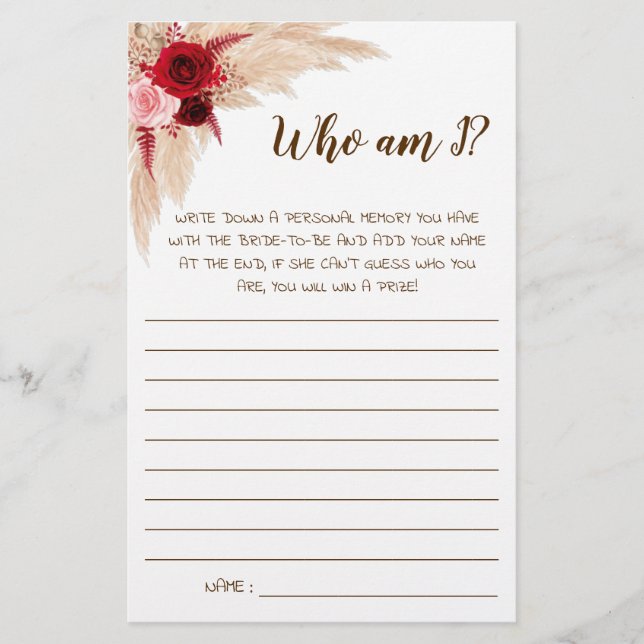 Who am I? Pampas Bridal Shower Game Card Flyer (Front)