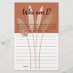 Who am I? Pampas Bridal Shower Game Card Flyer