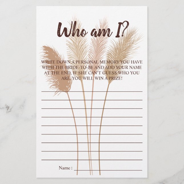 Who am I? Pampas Bridal Shower Game Card Flyer (Front)