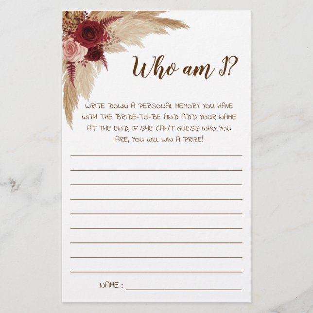 Who am I? Pampas Bridal Shower Game Card Flyer (Front)