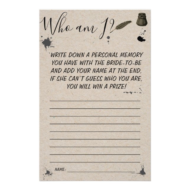 Who am I? | Pen & Inkwell Bridal Shower Game Card Flyer (Front)