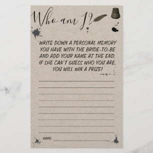 Who am I?   Pen & Inkwell Bridal Shower Game Card Flyer