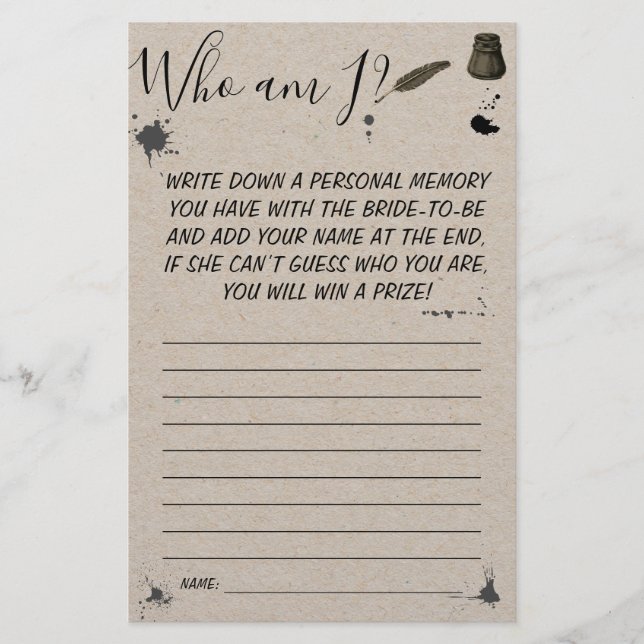 Who am I? | Pen & Inkwell Bridal Shower Game Card Flyer (Front)