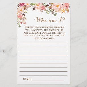 Who am I?Pink Floral Bridal Shower Game Card Flyer