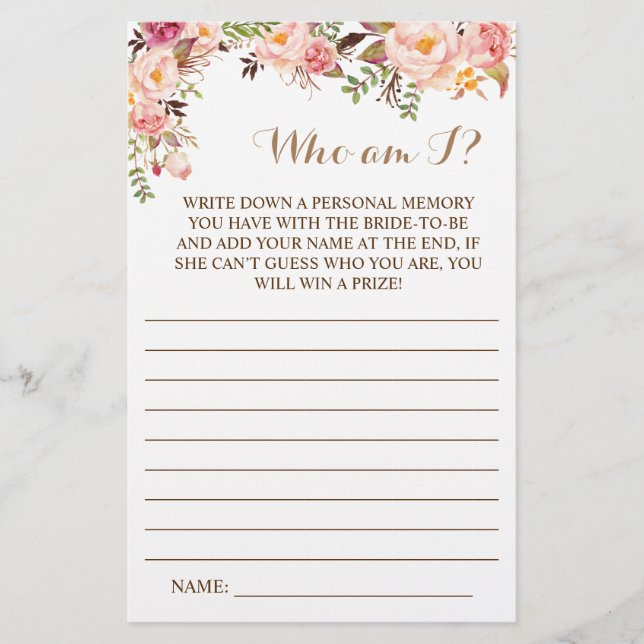 Who am I?Pink Floral Bridal Shower Game Card Flyer (Front)