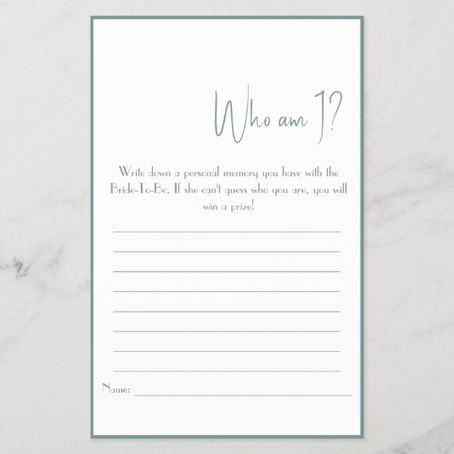 Who Am I? Shower Game Flyer (Front)