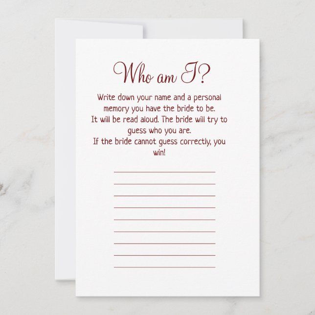 who am i simple bridal shower game holiday card (Front)