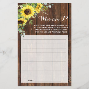 Who am I Sunflower Western Bridal Shower Game Card Flyer
