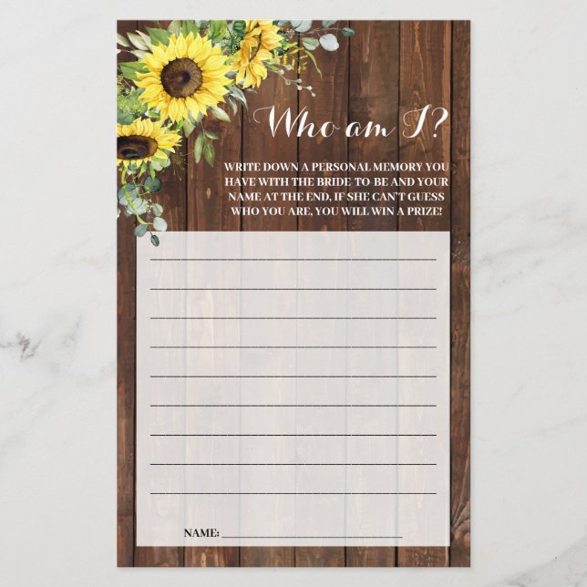 Who am I Sunflower Western Bridal Shower Game Card Flyer (Front)