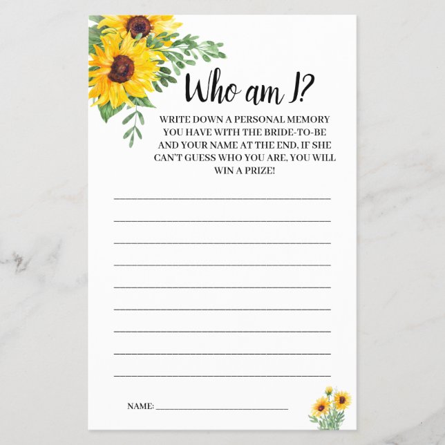 Who am I Sunflowers Bridal Shower Game Card Flyer (Front)
