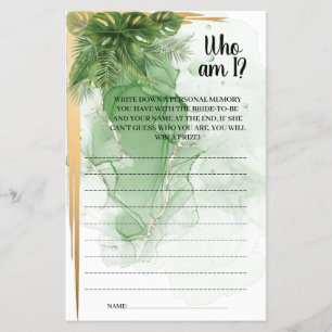 Who am I Tropical Palm  Bridal Shower Game Card Flyer