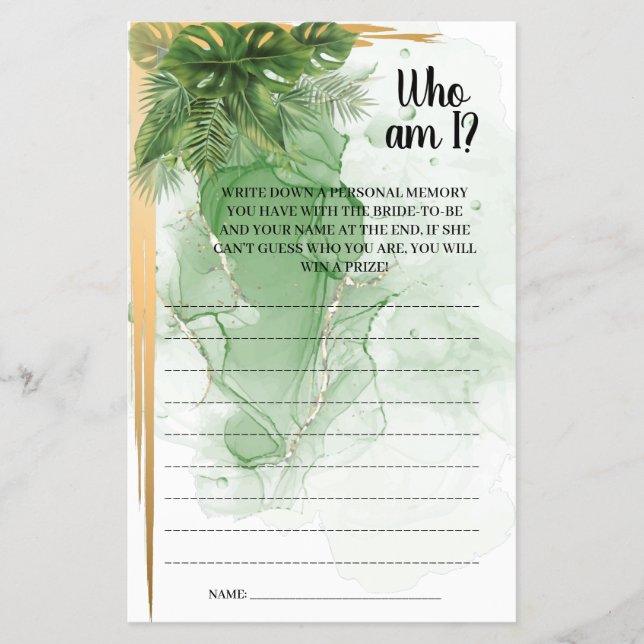 Who am I Tropical Palm  Bridal Shower Game Card Flyer (Front)