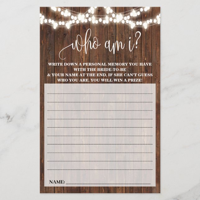 Who am I? Western Country Bridal Shower Game Card Flyer (Front)
