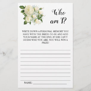 Who am I? White floral Bridal Shower Game Card Flyer