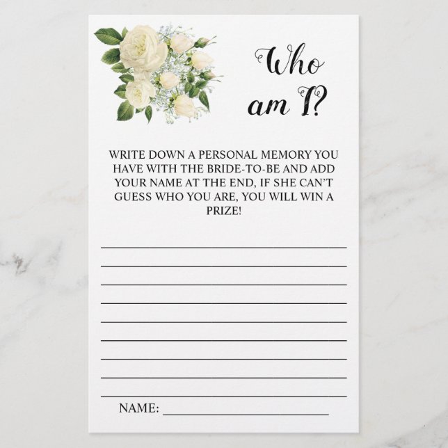 Who am I?  White floral Bridal Shower Game Card Flyer (Front)