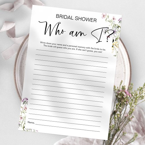 Who Am I Wildflower Bridal Shower Game Invitation