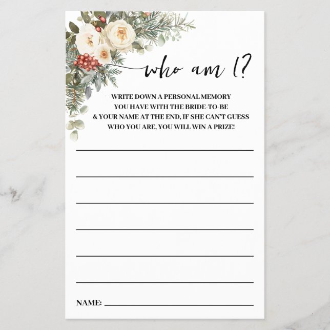 Who am I? Winter Flowers Bridal Shower Game Card Flyer (Front)