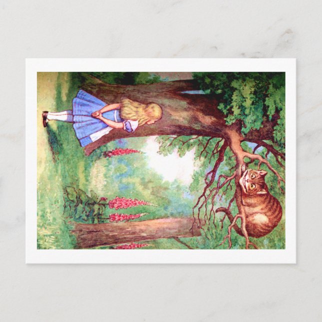 "WHO ARE YOU?" THE CHESHIRE CAT ASKS ALICE. POSTCARD (Front)
