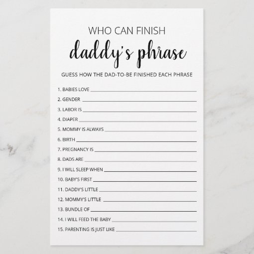 Who can finish Daddy's phrase Baby Shower Game | Zazzle