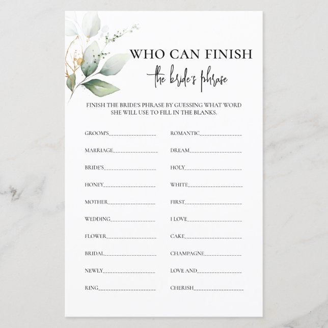 Who Can Finish the Bride's Phrase Bridal Game (Front)