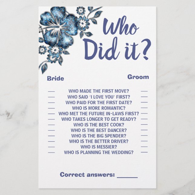 Who did it Shower Game Card Blue Flower Flyer (Front)