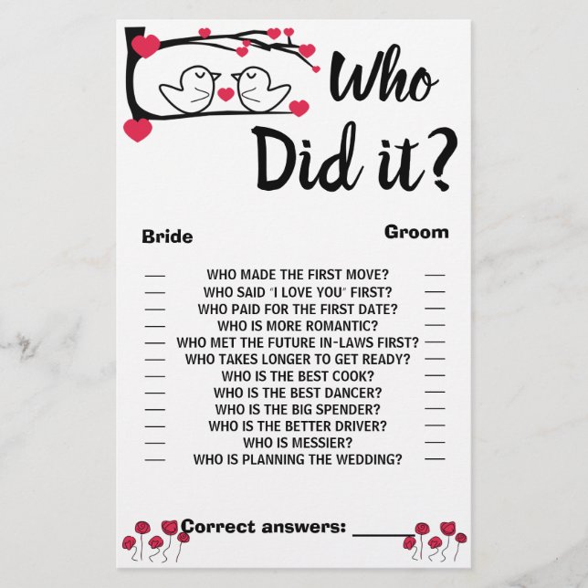Who did it Shower Game Card Love Bird Flyer (Front)