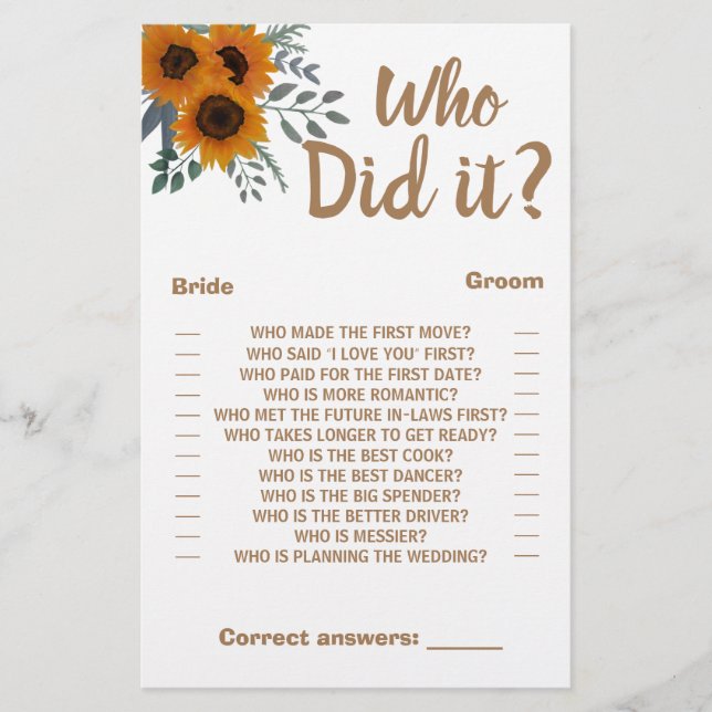 Who did it Shower Game Card Sunflowers Greenery  Flyer (Front)