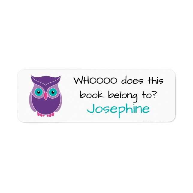 Who Does this Book Belong To Cute Kids Purple Owl Label (Front)