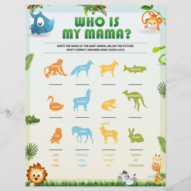 Who Is My Mama Baby Shower Game [Animal Theme]  Letterhead (Front)