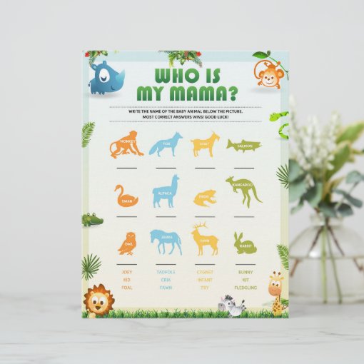 Who Is My Mama Baby Shower Game [Animal Theme] Letterhead Zazzle