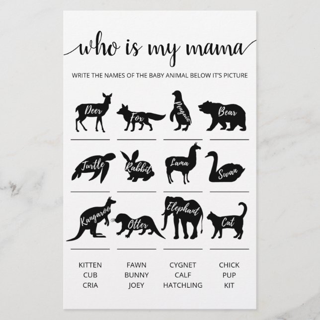 Who is my mama Game Baby Shower party game (Front)