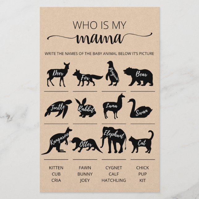 Who is my mama Game Baby Shower party game (Front)