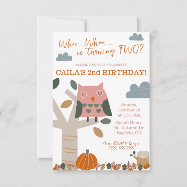 Who is turning TWO Fall Owl, Autumn Birthday Party Invitation (Front)