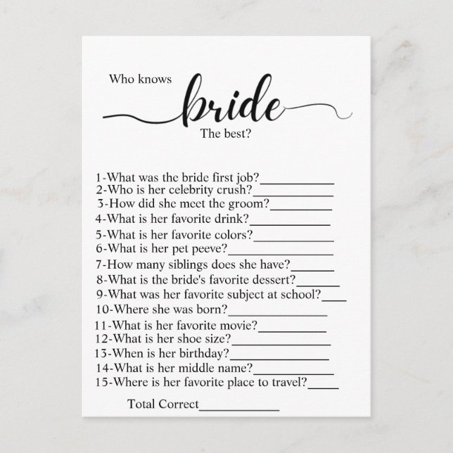 Who know the bride best bridal shower party game  postcard (Front)