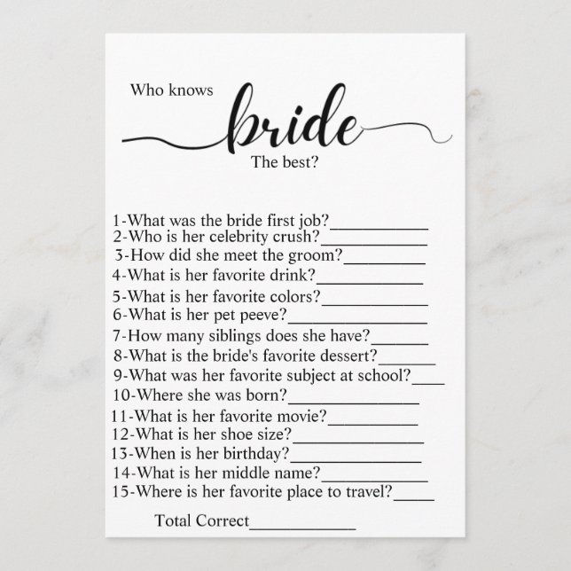 Who know the bride best bridal shower party game  program (Front)