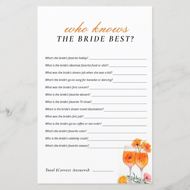 Who Knows Bride Best Aperol Spritz Bridal Shower (Front)