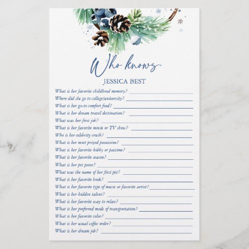 Who knows bride best winter bridal shower game stationery