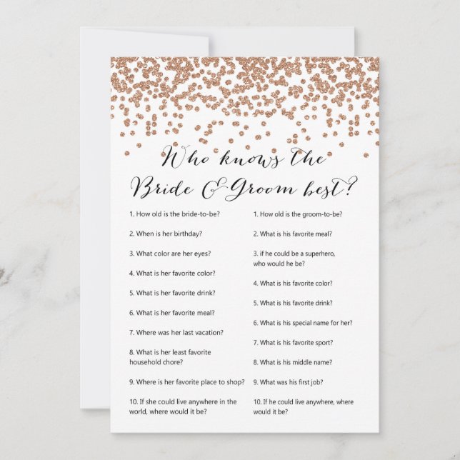 Who Knows Bride & Groom  Rose Gold Bridal Game 5x7 Invitation (Front)