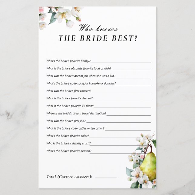 Who Knows Bride Perfect Pear Bridal Shower Game (Front)