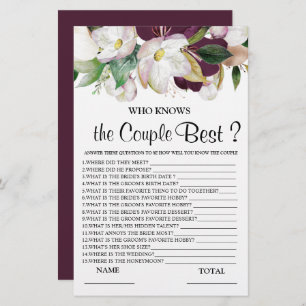 Who knows Couple best burgundy floral Bridal Game